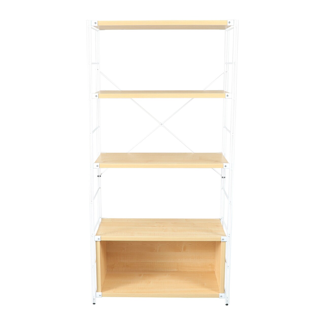 Leisuremod Brentwood Etagere Bookcase with White Powder Coated Steel Frame And Melamine Board Shelves - Natural Wood